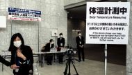 Workers wearing protective face masks, following an outbreak of the coronavirus, stand near a machine measuring body temperature at a convention hall in Tokyo, Japan, February 27, 2020. REUTERS/Athit Perawongmetha 