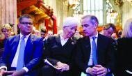 Mark Carney, Governor of the Bank of England, talks with President of the European Central Bank Christine Lagarde seated next to Britain's Business Secretary and Minister for COP26 Alok Sharma during an event to launch the private finance agenda for the 2