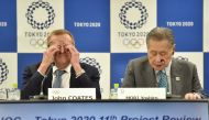 This picture taken on February 14, 2020 shows Chairman of the Tokyo 2020 Olympic Games coordination committee John Coates (L) and Tokyo 2020 president Yoshiro Mori (R) at a press conference following the International Olympic Committee (IOC) project revie
