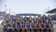 Moto2 riders posing for a photograph at the Losail International Circuit yesterday ahead of the QNB Qatar Grand Prix.