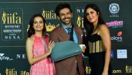 Bollywood actors Dia Mirza (L), Katrina Kaif (R) and Kartik Aaryan pose for pictures as they attend the International Indian Film Academy (iifa) press Conference for the 21st Edition of NEXA iifa Weekend & Awards 2020, in Mumbai on March 4, 2020. / AFP /
