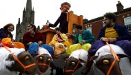 Participants on sheep are seen during the St Patrick’s Day parade in Dublin, Ireland, March 17, 2017. Reuters / Clodagh Kilcoyne