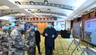 Chinese President Xi Jinping learns about the hospital's operations, treatment of patients, protection for medical workers and scientific research at the Huoshenshan Hospital in Wuhan, the epicentre of the novel coronavirus outbreak, Hubei province, China