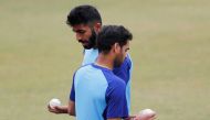  Cricket - India v South Africa - ODI Series - India Nets - Dharamsala, India - March 11, 2020 India's Bhuvneshwar Kumar and Jasprit Bumrah during nets REUTERS/Adnan Abidi 