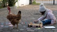 Representative image:  Two-year-old Bianca Toniolo plays with multi-coloured chalk in the courtyard with the family's new chicken 