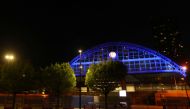 :The Nightingale Hospital lit up in blue in support of the NHS, as the spread of the coronavirus disease (COVID-19) continues, Manchester, Britain, April 16, 2020. REUTERS/Carl Recine
