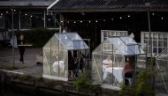 People have dinner in a so-called quarantine greenhouses in Amsterdam, on May 5, 2020 as the country fights against the spread of the COVID-19, the novel coronavirus. Netherlands OUT / AFP / ANP / Robin VAN LONKHUIJSEN
