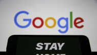 :ANKARA, TURKEY - MAY 15: In this illustration photo, Google's logo is displayed on a laptop screen with Stay Home warning in Ankara, Turkey on May 15, 2020. ( Muhammed Selim Korkutata - Anadolu Agency )
