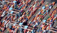 Aerial view of containers at a loading terminal in the port of Hamburg, Germany August 1, 2018. REUTERS/Fabian Bimmer/File Photo