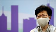 Hong Kong Chief Executive Carrie Lam, wearing a face mask following the coronavirus disease (COVID-19) outbreak, holds a news conference in Beijing, China, June 3, 2020. REUTERS/Carlos Garcia Rawlins