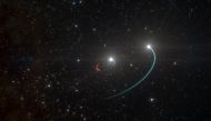 FILE PHOTO: A handout photo made available by the European Southern Observatory on May 4, 2020 shows an artist's impression of the orbits of the objects in the HR 6819 triple system. AFP PHOTO /L. Calcada/European Southern Observatory
