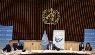 (From L to R) World Health Organization (WHO) Health Emergencies Programme head Michael Ryan, WHO Director-General Tedros Adhanom Ghebreyesus and WHO Technical lead head Covid-19 Maria Van Kerkhove attend a press conference organized by Geneva Association