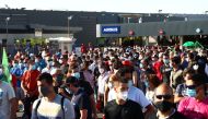 Airbus employees gather ahead of a protest against expected job cuts of about 900 workers outside Airbus' factory in Getafe, Spain, July 23, 2020. REUTERS/Sergio Perez
