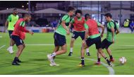 Al Rayyan players are seen during a team training session ahead of their QNB Stars League match against Qatar SC today