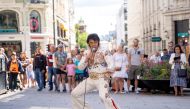Norwegian artist Kjell Bjornestad impersonating Elvis Presley performs during his challenge for the world's longest Elvis Presley singing marathon, in Oslo, Norway July 23, 2020. NTB Scanpix/Fredrik Hagen via REUTERS 