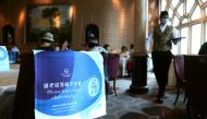 Social distancing signs are seen in the restaurant to prevent the spread of the coronavirus disease (COVID-19), on the Explorer Dream cruise ship, in Keelung, Taiwan, July 26, 2020. REUTERS/Ann Wang