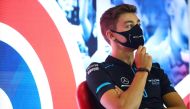 Formula One F1 - British Grand Prix - Silverstone Circuit, Silverstone, Britain - July 30, 2020 Williams' George Russell wears a face mask during a press conference ahead of the British Grand Prix FIA/Handout via REUTERS