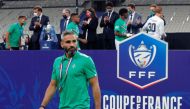 Saint-Etienne's French defender Loic Perrin reacts after losing the French Cup final football match between Paris Saint-Germain (PSG) and Saint-Etienne (ASSE) on July 24, 2020, at the Stade de France in Saint-Denis, outside Paris. / AFP / GEOFFROY VAN DER