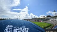 Raindrops cover an England umbrella in the empty stands as a patch of blue sky appears as the start of play is delayed on the fifth day of the second Test cricket match between England and Pakistan at the Ageas Bowl in Southampton, southwest England on Au
