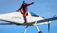 Initiator of sun-powered stratospheric SolarStratos plane project Raphael Domjan is seen during a successfully world record attempt by jumping with a parachute from a solar-powered plane on August 25, 2020 in Payerne, western Switzerland. / AFP / POOL / L