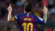 Barcelona's Lionel Messi celebrates scoring their third goal REUTERS/Albert Gea/File Photo