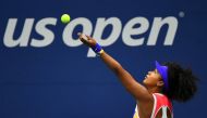 Sep 2, 2020; Flushing Meadows, New York, USA; Naomi Osaka of Japan serves the ball against Camila Giorgi of Italy on day three of the 2020 U.S. Open tennis tournament at USTA Billie Jean King National Tennis Center. Mandatory Credit: Robert Deutsch-USA TO