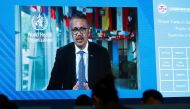 A screen shows WHO Director-General Tedros Adhanom Ghebreyesus delivering a speech via video for the opening ceremony of the 2020 China International Fair for Trade in Services (CIFTIS), at a media centre in Beijing, China September 4, 2020. REUTERS/Tings