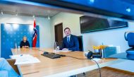 Norwegian Prime Minister Erna Solberg and Minister for Development Aid Dag Inge Ulstein participate in a digital meeting with international leaders about a fair global distribution of coronary vaccines, at the Prime Minister's office in Oslo, Norway Septe