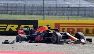 Red Bull's Dutch driver Max Verstappen car in the gravel trap after crashing out of the race during the Tuscany Formula One Grand Prix at the Mugello circuit in Scarperia e San Piero on September 13, 2020. / AFP / POOL / MIGUEL MEDINA