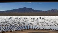 The Google logo is spelled out in heliostats (mirrors that track the sun and reflect the sunlight onto a central receiving point) during a tour of the Ivanpah Solar Electric Generating System in the Mojave Desert near the California-Nevada border February