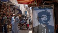A picture taken in the Moroccan coastal city of Essaouira shows portraits of late US guitarist Jimi Hendrix on September 10, 2020. AFP / FADEL SENNA