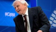 Sir David Attenborough sits for an interview with IMF Managing Director Christine Lagarde during the Spring Meetings of the World Bank Group and IMF in Washington, U.S., April 11, 2019. REUTERS/James Lawler Duggan/File Photo