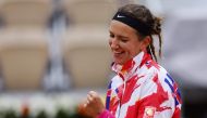 Belarus' Victoria Azarenka celebrates after victory over Montenegro's Danka Kovinic during their women's singles first round tennis match at the Suzanne Lenglen court on Day 1 of The Roland Garros 2020 French Open tennis tournament in Paris on September 2