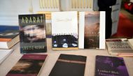 Books of American poet Louise Gluck during the announcement of 2020 Nobel Prize in literature at Borshuset in Stockholm, October 8, 2020. Gluck won the prize. TT News Agency/Henrik Montgomery/via Reuters