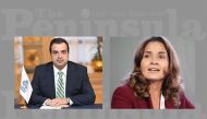 The CEO of APICORP, Dr. Ahmed Ali Attiga (left), and Dr. Leila R Benali, Chief Economist, Head of Strategy, Energy Economics & Sustainability at the company.