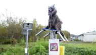 A robot called Monster Wolf, equipped with sensors that can detect bears or vermin, is installed in Takikawa on Japan's northernmost main island of Hokkaido, in this photo taken by Kyodo October 21, 2020. Kyodo/via Reuters 
