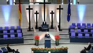 Britain's Prince Charles speaks at the German lower house of parliament, Bundestag, during an official Remembrance Day ceremony in Berlin, Germany November 15, 2020. Kay Nietfeld/Pool via REUTERS

