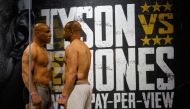 Mike Tyson and Roy Jones, Jr. during weigh ins for a heavyweight exhibition boxing bout for the WBC Frontline Belt in Los Angeles. Lynn Millspaugh