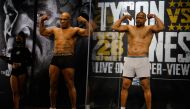 Mike Tyson and Roy Jones, Jr. during weigh-ins for a heavyweight exhibition boxing bout for the WBC Frontline Belt in Los Angeles. Mandatory Credit: Lynn Millspaugh/Handout Photo via USA TODAY Sports