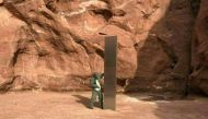 This file video grab image obtained November 24, 2020, courtesy of the Utah Department of Public Safety Aero Bureau shows a mysterious metal monolith that was discovered in Utah after public safety officers spotted the object while conducting a routine wi