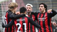 AC Milan's Spanish midfielder Brahim Diaz (2ndL) celebrates with (From L) AC Milan's Norwegian forward Jens Petter Hauge, AC Milan's Spanish forward Samuel Castillejo and AC Milan's Italian midfielder Sandro Tonali after scoring during the UEFA Europa Lea
