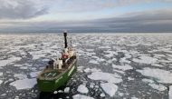 Greenpeace's Arctic Sunrise ship navigates through floating ice in the Arctic Ocean, September 15, 2020. Picture taken September 15, 2020. Picture taken with a drone. REUTERS/Natalie Thomas/File Photo