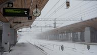 A view of an empty platform, as many trains have been canceled due to a snow storm, at the train station in Umea, eastern Sweden January 12, 2021. Picture taken January 12, 2021. Erik Abel/TT News Agency via REUTERS 