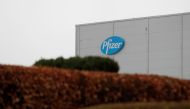 The Pfizer logo is seen at their global supply site in Havant, Britain, February 1, 2021. REUTERS/Matthew Childs