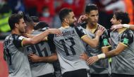 Education City Stadium, Al Rayyan, Qatar - February 4, 2021 Al Ahly's Hussein Elshahat celebrates scoring their first goal with teammates REUTERS/Ibraheem Al Omari