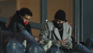 Paris St Germain's Neymar and Marquinhos in the stands during the match REUTERS/Gonzalo Fuentes