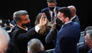 Soccer Football - Joan Laporta, inauguration ceremony of the presidency of FC Barcelona - Camp Nou, Barcelona, Spain - March 17, 2021 Barcelona's Lionel Messi and Joan Laporta before the start of the inauguration ceremony REUTERS/Albert Gea
