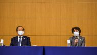 Tokyo 2020 President Seiko Hashimoto and CEO Toshiro Muto hold a news conference regarding the report of a Japanese weekly magazine, in Tokyo, Japan March 18, 2021. Kazuhiro Nogi/Pool via REUTERS
