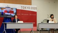 Japanese Olympic Minister Tamayo Marukawa (R) delivers a speech while Tokyo 2020 Organizing Committee president Seiko Hashimoto (L) listens to at a five-party meeting of Tokyo 2020 Olympic and Paralympic Games with International Paralympic Committee (IPC)