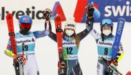 Second-placed Mikaela Shiffrin of the U.S. first-placed New Zealand's Alice Robinson and third-placed Slovenia's Meta Hrovat celebrate after the Women's Giant Slalom REUTERS/Denis Balibouse